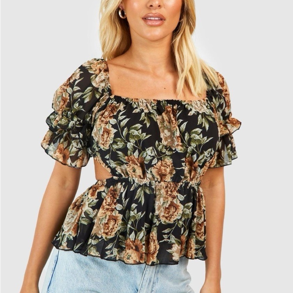 Boohoo Black and Brown Floral Open-Back Blouse